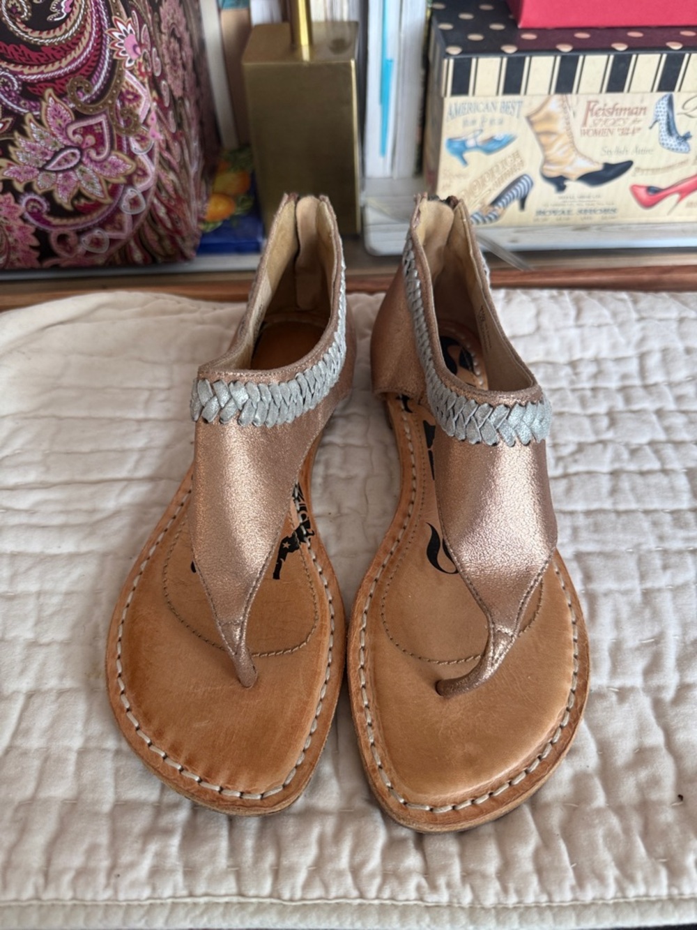 Metallic Rose Gold Women’s Thong Sandals with Silver Braid Accent
